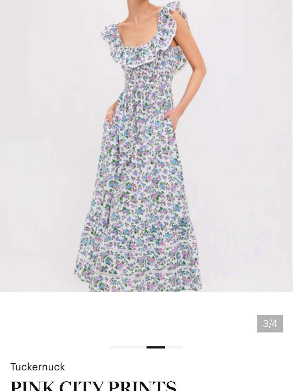 Pink City Prints Floral Ruffle Maxi Dress in White with Blue & Green Print size
